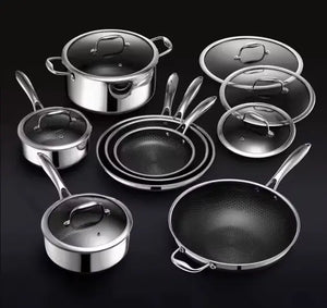 13 pc 3-ply Stainless Steel Honeycomb HexClad Hybrid Cookware Set w/ Lids Wholesale Pan Nonstick Coating Fry Pan Cookware Set Foodie Chef Tools